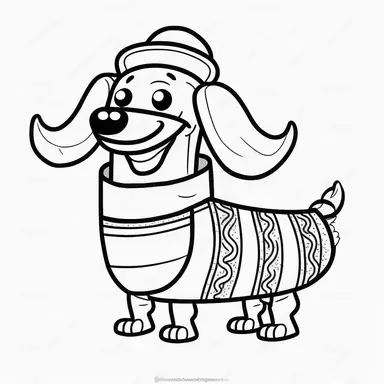 cartoon daschund dressed in a hot dog costume, black and white, thick lines, simple drawing, sticker art, coloring page, outlined artwork, line art, white backdrop, crisp lines, vector image, svg, clipart style