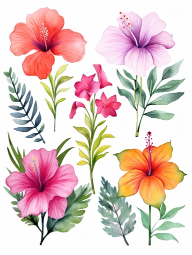 watercolor clipart set with white background, cute hibiscus, plumeria, bougainvillea, and protea flowers, adorable, flat design, clearly defined with separated images, high quality