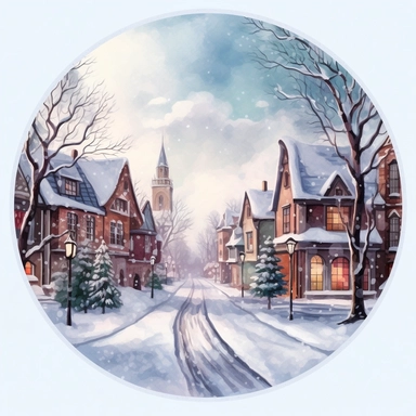 a single clipart image png graphic of a Realistic Painting Clipart Season Snowy Winter City Round PNG Illustration