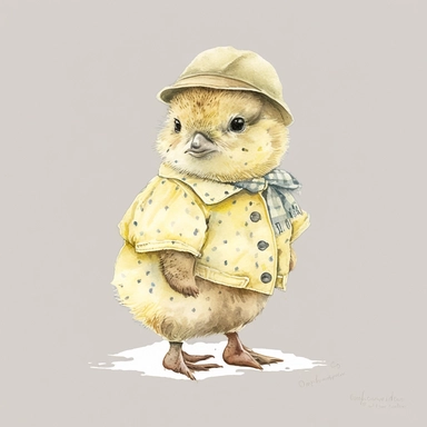 cute yellow baby chick wearing vintage clothes Illustration, Sublimation graphics, by Beatrix Potter, Watercolor clipart, single design, print on demand image, PNG transparent background