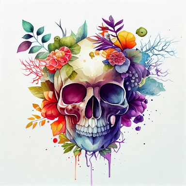 watercolor floral skull for halloween and day of the dead design, white background, watercolor ,cartoon illustration , extremely detailed,cartoon, clipart, white background, 8k, hd