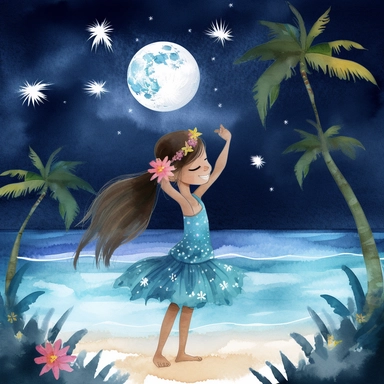 watercolour, tropical island setting, showcase an adorable little polynesian hula girl (aged 8) she is dancing under the moonlight on the beach with full moon and twinkling stars above, she is happy, she has tropical beautiful flowers in her hair, the feeling is magical, clipart style