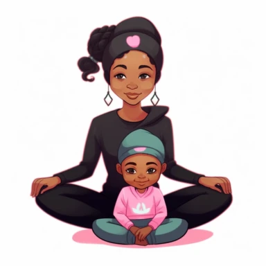 cute black chibi mommy and daughter doing yoga, smiling and wiearing a pink cap, clipart, childrens book charachter, must have correct number of fingers and toes