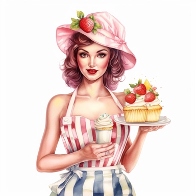 Hand drawn pin up woman, wearing a bakers hat, pink and white striped apron, holding a lemonade cake with strawberries and blossoms, glamorous, half body, very detailed and realistic, watercolor, white background with margins, clipart style