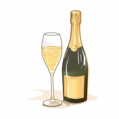 A clipart image , Create an illustration of pop art style, bottle of champagne and two gold wedding glass Champagne on a white backgroun