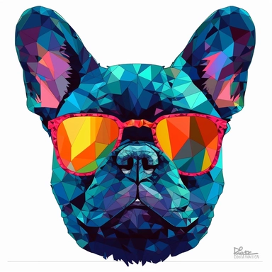 bright neon colors cool french bulldog frenchie face wearing mirrored sunglasses geometric artistic polygonal detailed colorful design icon white background svg png clipart logo