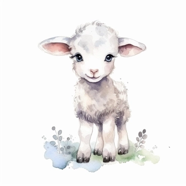 Watercolor Cute Little Baby Sheep, Clipart, White Background, Isolated, Outlined