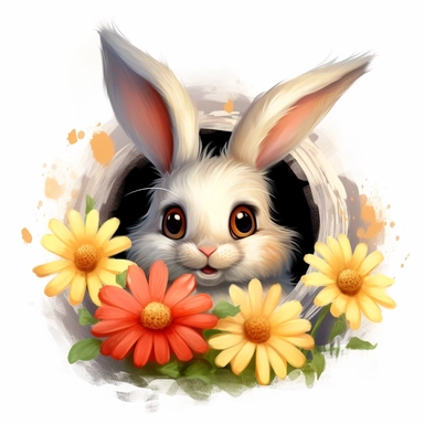 Cuddly Bunny Clipart nestled inside a blooming flower with a friendly ladybug on its nose in the style of oil painting, on a white background