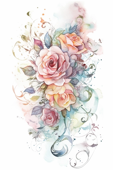 asymetrical, page boarder, clipart, front view, ornate, whimsical nursery illustration of a magical mystical roses in soft watercolor, isolated on a solid white background