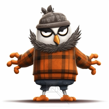 please create pixar style character clipart of an owl dressed like a rapper, back view with arms flexing, head front view