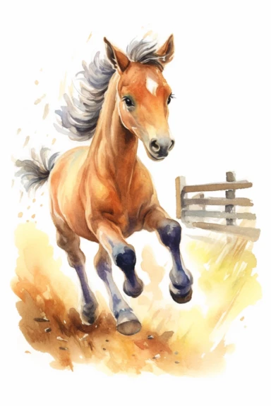 ultra detailed 8K watercolor clipart drawing of a happy baby horse galloping on a country road near a barn. The drawing showcases a meticulous combination of watercolor and pencil colors, resulting in intricate details and vibrant tones. The baby horse is portrayed with its adorable characteristics and dynamic posture, conveying a sense of joy and liveliness. Against the white background, the baby horse becomes the focal point, radiating its cheerful spirit against the serene setting.