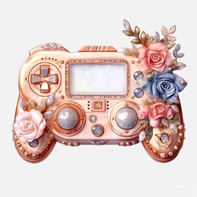 Watercolour rose gold and pastel detailed 3d Handheld gaming console, surrounded by beautiful roses and Swarovski crystals and diamonds, svg clipart style, solid white background, clipart element, clipart style highly detailed beautiful