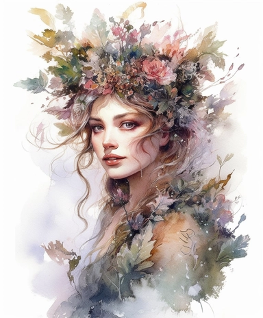 watercolor mixed media beautiful charming overgrown with flowers and branches and moss beautiful forest witch in the crown, Sparklecore, sparkle glitter, masterpiece by Hans Zatzka, rococo fashion, in the style of 18th century botanical illustrations, isolated on white, PNG clipart, extreme photorealistic details, 32k HD resolution, realistic high detailization high resolution
