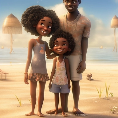 Happy Black Girl and her mom and dad Smiling at the beach ib sag harbor art,black girlsclipart, Funny black girl , Cheerful african american girl child png, clipart, afro ,Full body with legs , Cottage core , preppy , Highly detailed close-up portrait , standing , Nicoletta Ceccoli, Mark Ryden, lostfish, Earl Nor, global lighting, divine rays, detailed and intricate surroundings, sf, intricate artwork masterpiece, ominous, matte painting movie poster, blue ratio, trending on cgsociety, intricate
