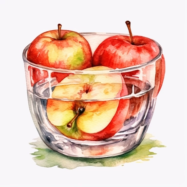 A clipart of An Apple endearing watercolor clipart of Apple playing with elements bowl juice glasses 300DPI