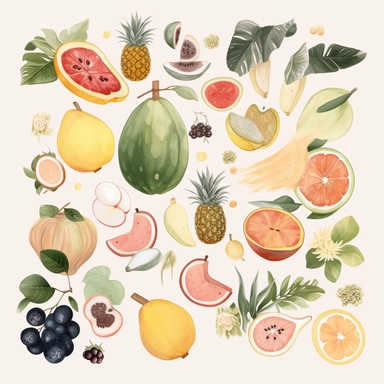 Digital stickers, summer, icons, watercolor, minimalistic, clipart, aesthetic, neutral colors, fruits