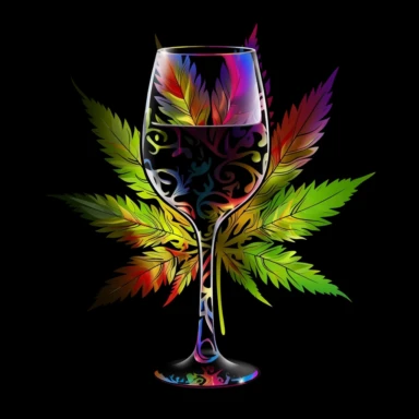 A psychedelic image of a marijuana leaf and a wine glass, black background, clipart illustration vector