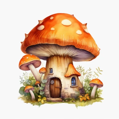 Watercolour orange mushroom house hd clipart white background