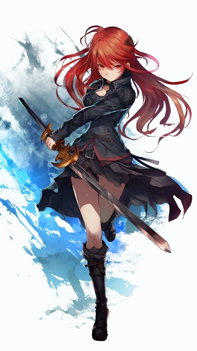an anime character with red hair and blue flames, transparent background png clipart,anime,a city,a person with red hair and black clothes holding a sword in her hand,friends,asia