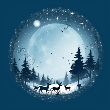 5. Create a captivating clipart silhouette of Santa's sleigh, drawn by 12 magnificent reindeer, flying across a clear night sky, silhouetted against a large full moon, creating an ethereal and festive scene, clipart, vintage style--q2--s1000