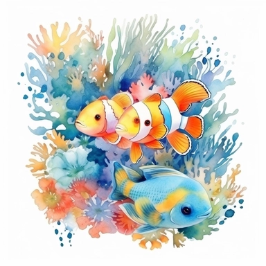 watercolor clown fish and sea anemones, shades of coral turquoise yellow and blue, glamorous, very detailed and realistic, white background with margins, clipart style