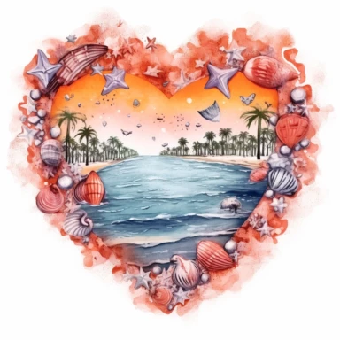 Orange beach heart shape, illustration clipart, detailed, black outline, white background, digital art, watercolor