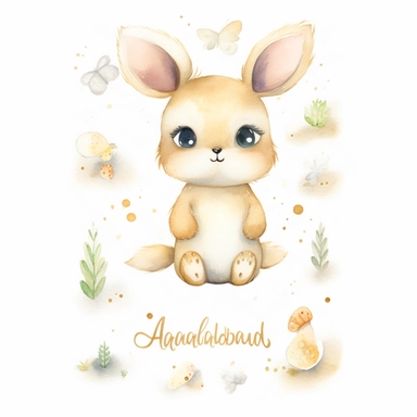 cute chibi bunny rabbit with droopy ears, simplistic doodle, full body view, watercolours and shiny gold glitter, prominent visible brush strokes, by amanda clark, watercolor clipart png on white background with free margins