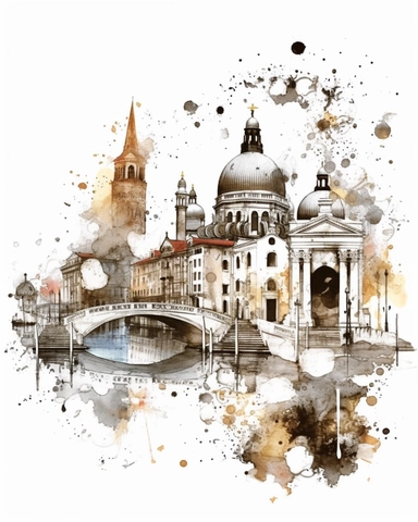 watercolor promotional print for the city of Venice depicting the essence of the Italy soul, dreamlike, clear individual recognizable elements, inspired by line art in white and black color, clipart, on white background