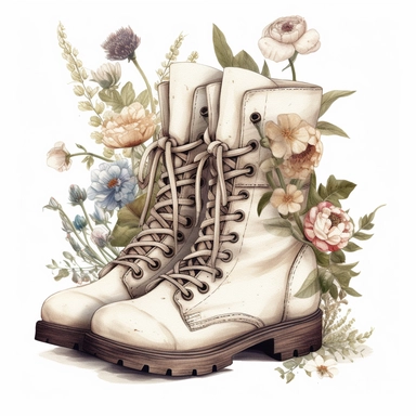 cottagecore clipart. white combat boots decorated with flowers. on a white background. cottagecore, feminine, frilly