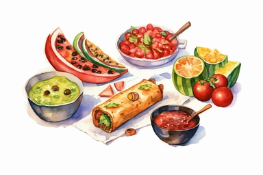 Watercolor, Canadian, Western cuisine, clipart, hd, on a white background, spaced out
