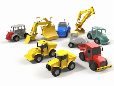 3d render construction clip art for kids , escavator, concrete mixer , crane, bulldozer, caterpillar, white background,