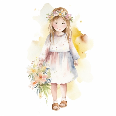 watercolour clip art of little girl dressed as holy comunion Christian symbols and dainty flowers,whole body, white back ground.