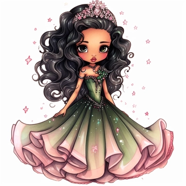 A cute detailed black girl in chibi style, Jasmine Becket - Griffith style, watercolour illustration clipart with real glitter detail, wearing a beautiful pink full length ballgown style dress, the girl has long black hair, the girl has green eyes, full body image, with feet isolated on a white background,