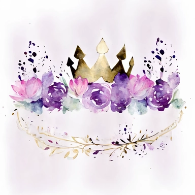 line of purple and lilac watercolor flowers with a simple clipart princess crown on top, watercolor gold, pink, purple, white background