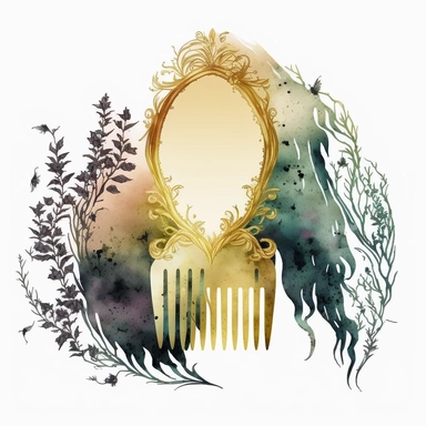 watercolour gold mezmerising witch hair comb, mirror and hair clip clipart, with transparent backgroung