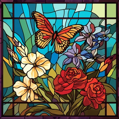stained glass clipart of one butterfly and flowers, vincent van gogh style