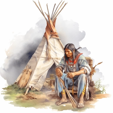 clipart, watercolor, teepee, a man in national costume by the fire next to the teepee, photorealistic 3D