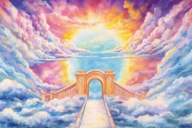 painting of a long rainbow bridge stretching towards the gates of heaven. The doors to heaven are opening, revealing a colourful and vibrant sky filled with fluffy, rainbow color clouds and beautiful angels, watercolor clipart, fairy tale theme, magical fantasy dreamy style, isolated on white background, hd, no text, no human,