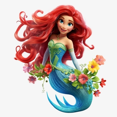 A beautiful smiling mermaid, highly detailed, long hair, beautiful flowers and coral, highly detailed tail, full body image, pixar style, clipart
