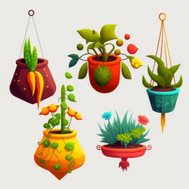 Cartoon martian potted plants and hanging baskets, clipart, vivid, clean lines and bright