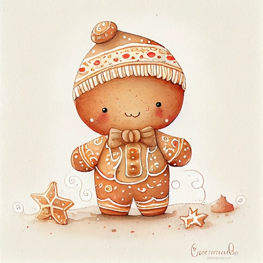 A watercolor painting of cute christmas gingerbread man, christmas gingerbread man, christmas gingerbread, cute detailed digital art, inspired by nicoletta ceccoli, by Kubisi art, whimsical and cute, by nicoletta ceccoli, cute detailed artwork, glimmering, adorable and whimsical, whimsical art, Clipart style, png style, svg style, blank white background, a solid white background