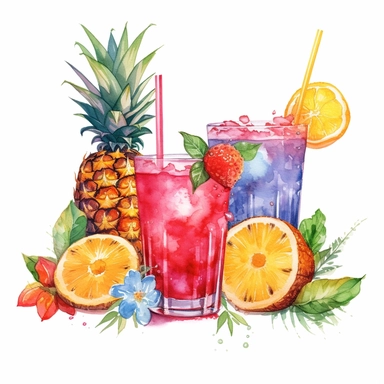 Tropical cocktails with some fruits and flowers, watercolor, clipart on white background, cute, tshirt design in the style of frank quitely, stan berenstain
