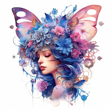 Amongst the petals of a giant flower, a radiant blue, pink, and purple steampunk pixie finds solace, her wings delicately resting against the soft petals. White background, intricate details, retro-futurism, watercolor clipart, hyper-realistic