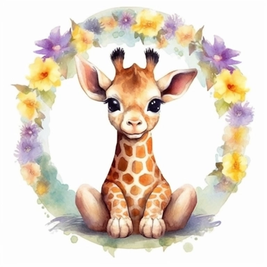 baby giraffe sitting down and looking up with wide eyes, as if amazed by hot air balloon, nursery full body watercolor style clipart, happy, with floral crown on head, Disney style