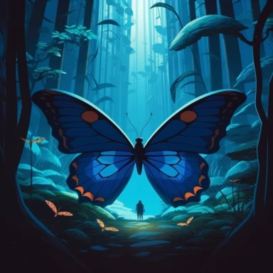 pictures and clip art of butterfly, in the style of christopher balaskas, mysterious jungle, natalia rak, playstation 5 screenshot, mysterious backdrops, dark cyan and dark brown, unreal engine 5