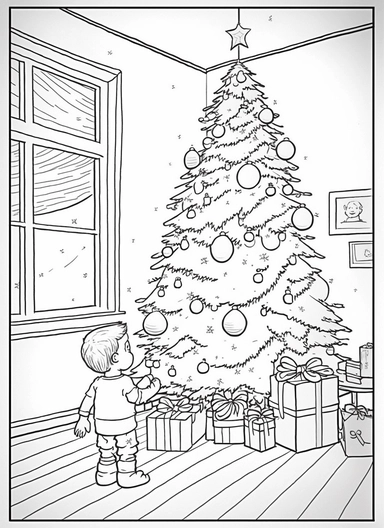 line art, black and white, christmas tree with presents, decorations, happy scene, cartoon sketch, coloring page for kids, coloring page for children, thick lines, realistic, drawing, printable outlined art, crisp lines, No background, clip art, hand drawn, No shadows, drawing, No gray, no shades, high contrast. The line art should be clean and crisp, with uniform thickness and minimal shading, to provide a user - friendly coloring experience.
