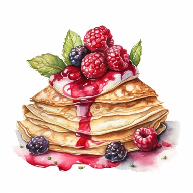 stunning watercolor high details hand drawn clipart of french crepes, raspberry topping, no background