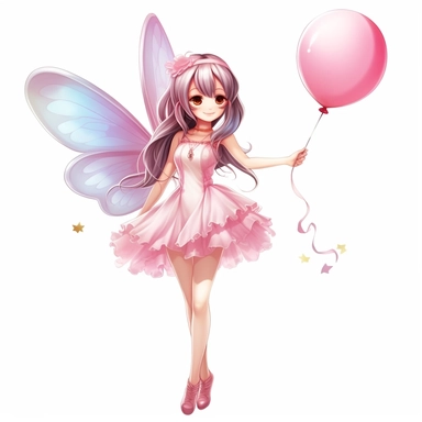 Fairy Clipart, Japan Anime style, beautiful smiling cute fairy holding a balloon, full body, on a white background