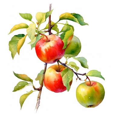 Botanical illustration, a branch of apples, sharp outlines, sharp handwriting watercolor clip art, comics, full size watercolor, watercolor style, Timothy Easton's style