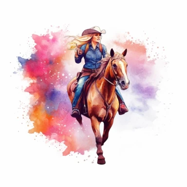 Cowgirl rodeo riding a horse illustration, nebular mix background, clipart, photorealistic illustration, watercolor, high detail, 8k polished, 8k, vibrant colors, sticker, majestic, die cut, white background